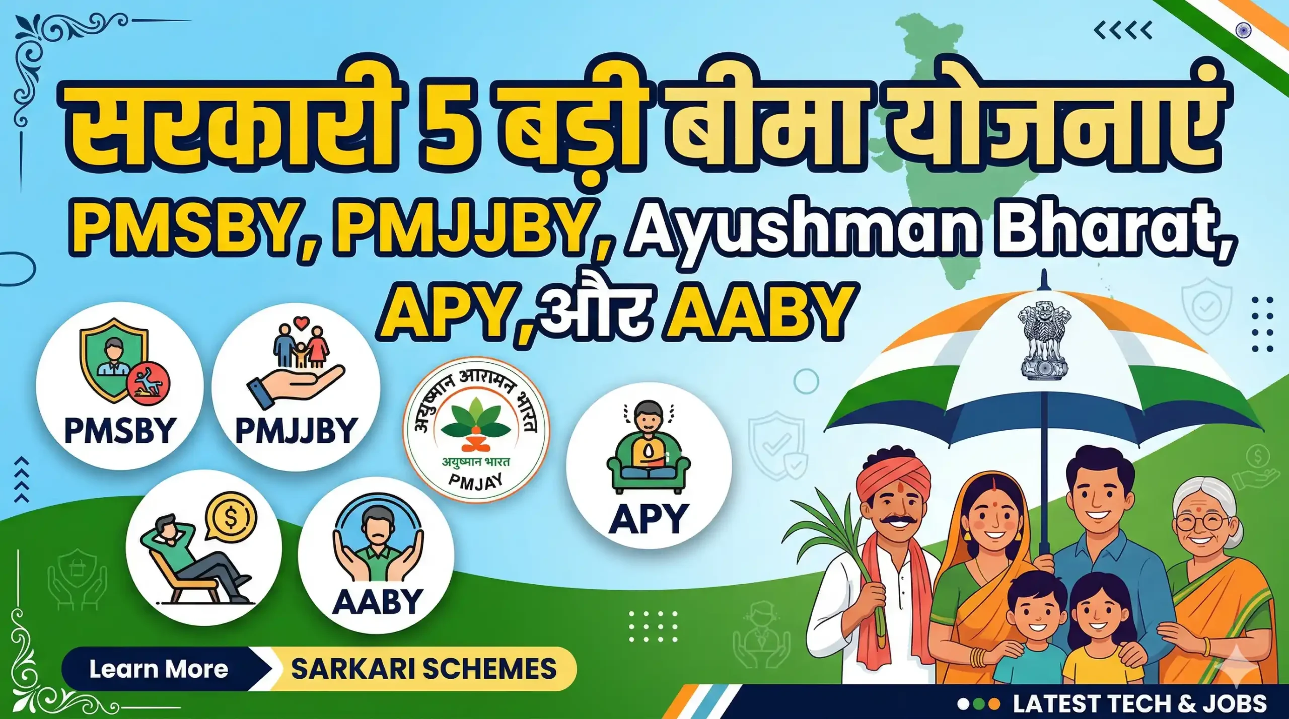सरकारी 5 बड़ी बीमा योजनाएं PMSBY, PMJJBY, Ayushman Bharat, APY, और AABY